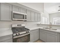 Modern kitchen with stainless steel appliances and grey cabinets at 4811 Black Bear Rd # 201, Las Vegas, NV 89149