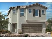 Two-story house with gray siding, brown garage door, and stone accents at 10021 Sir Atlas Ct, Las Vegas, NV 89148