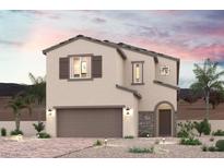 Two-story house with brown garage door and stone accents at 9865 Lost Horse Ave, Las Vegas, NV 89178