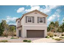 Two-story home with a brown garage door, gray shutters, and desert landscaping under a blue sky at 6516 Dove Point Pl, Las Vegas, NV 89130