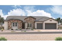 Exterior elevation of a single-story home with stone accents, a three-car garage, and desert landscaping at 5439 Middleton Falls Ave, Las Vegas, NV 89139