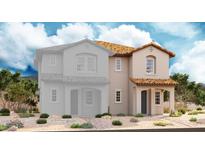 Exterior elevation of a two-story home with a tile roof and desert landscaping at 576 Celebratory Pl, Henderson, NV 89011